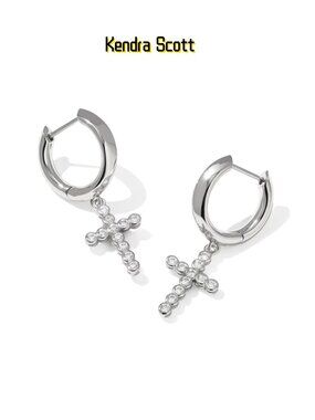 Cross Silver Crystal Huggie Earrings